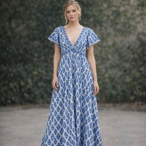 Max Studio Cottagecore Blue White Damask Flutter Sleeve Maxi Dress Womens Sz Med